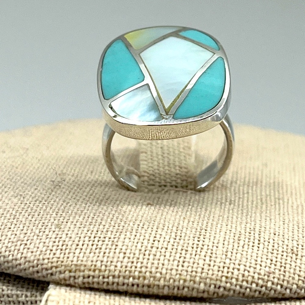 Vintage Thai 925 Sterling Silver Natural Turquoise MOP Inlay Ring Size 6 - Picture 1 of 16